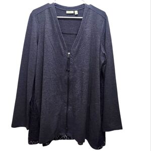 LOGO Lounge Lori Goldstein Navy Gray y Lace Overlay Back Cardigan Size XL Comfy